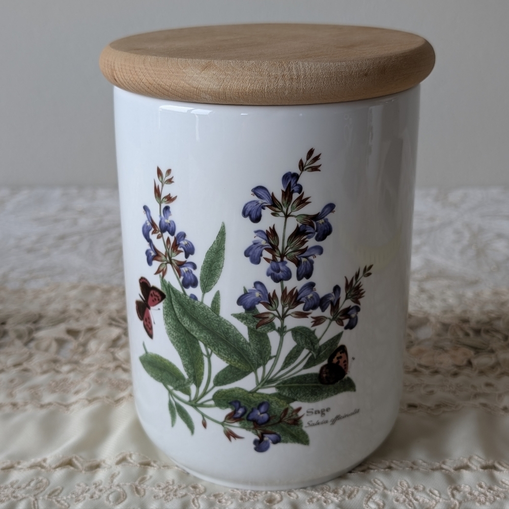 Royal Worcester Herbs Porcelain Sage Canister Jar Wooden Lid 8"Tall X 5.75" Dia